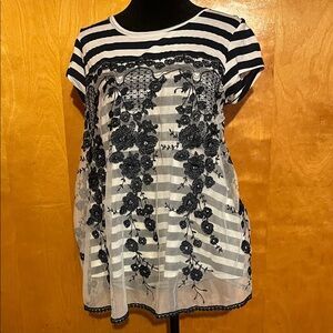 Altar'd State Large Navy and White Striped Tunic with Floral Embroidery